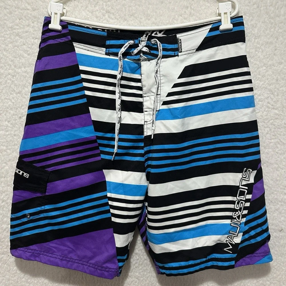 MAUI AND SONS Men's Purple Turquoise Striped Lined Swim Boardshorts‎ Size 36
